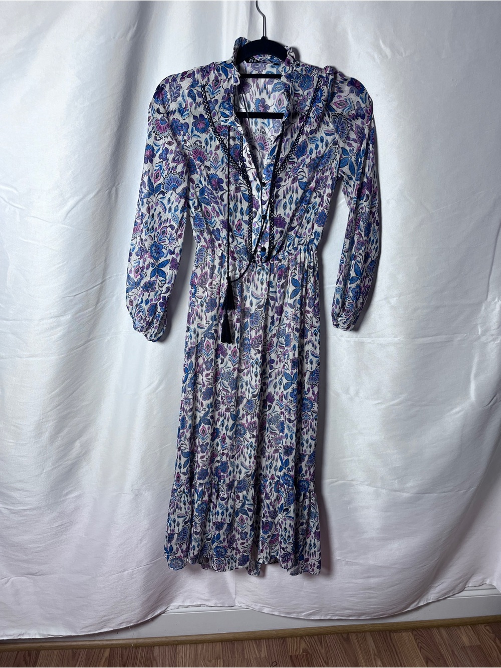 Zara Blue & Purple Floral Long-Sleeve Maxi Dress